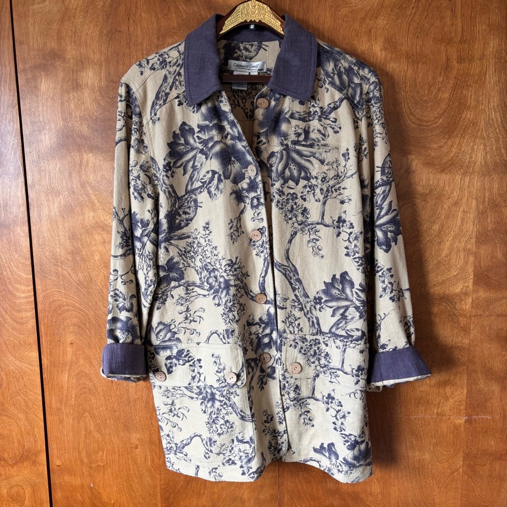 Coldwater Creek Blue & Beige Shibori Floral Linen Long Sleeve Button-Up Blazer